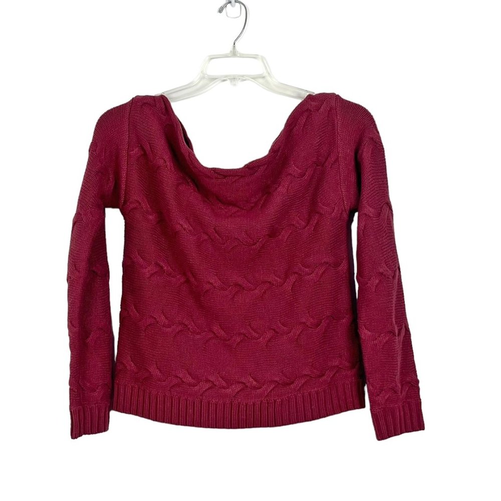 Lumiere | Burgundy Off-The-Shoulder Twist Knit Sweater